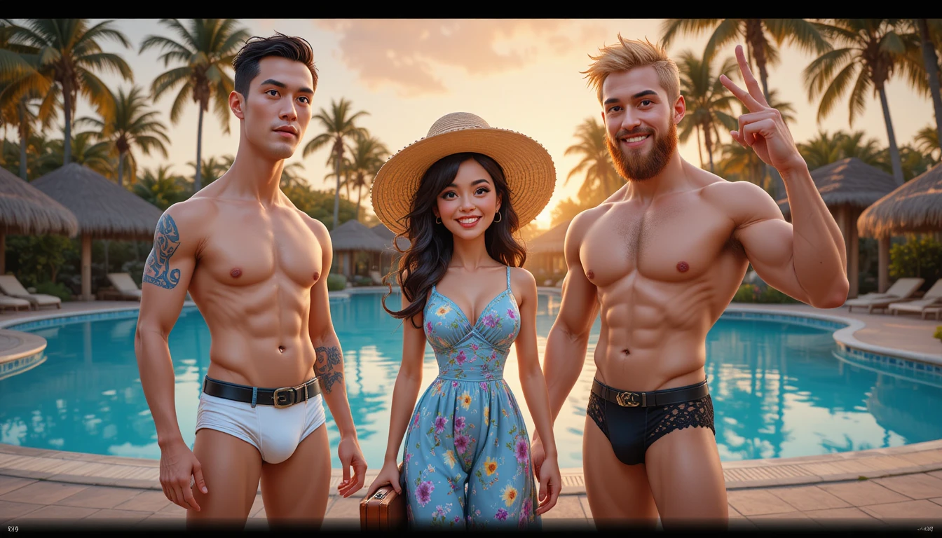 Tre viaggiatori stilizzati accanto a una piscina di un resort tropicale al tramonto
