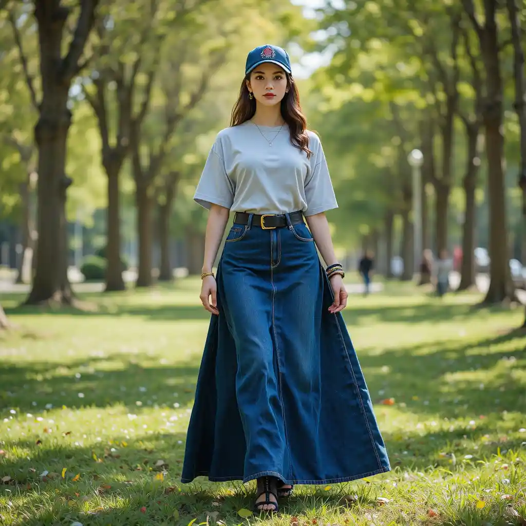 Donna francese con gonna lunga di jeans che cammina in un parco