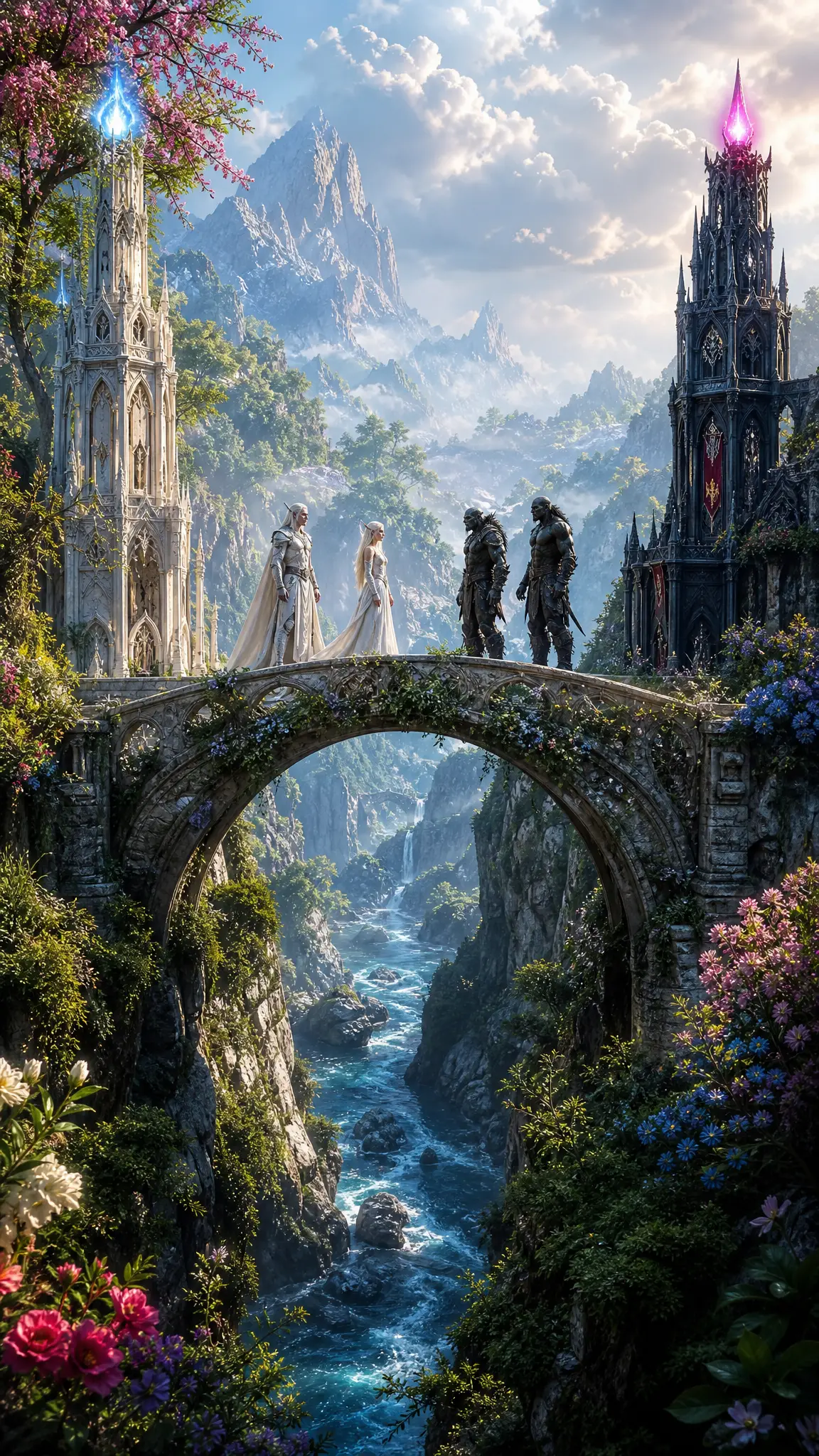 Des elfes et des orcs se rencontrent sur un pont au‑dessus d’un gouffre mystique
