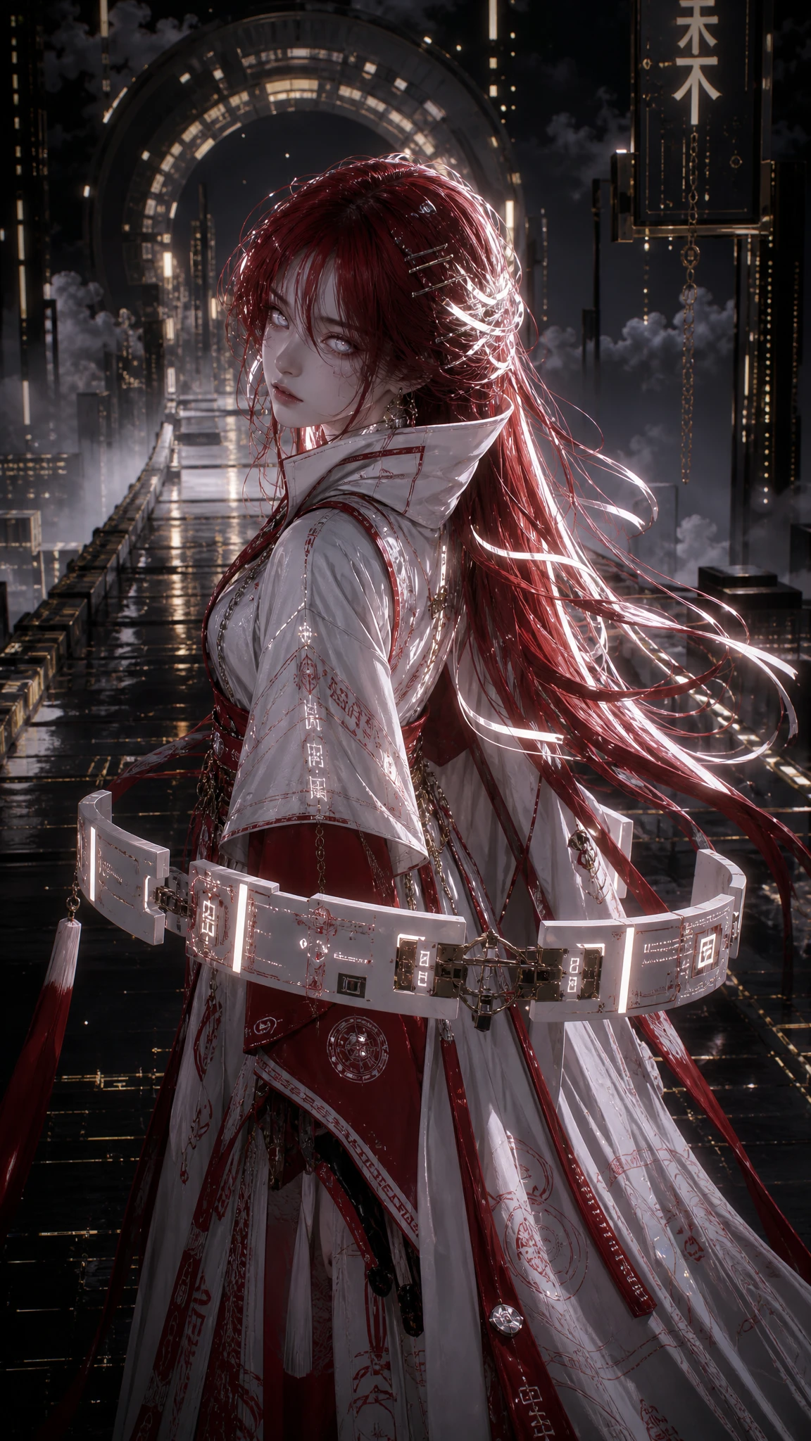 Mujer de anime en un camino cyberpunk luminoso con estilo 3D