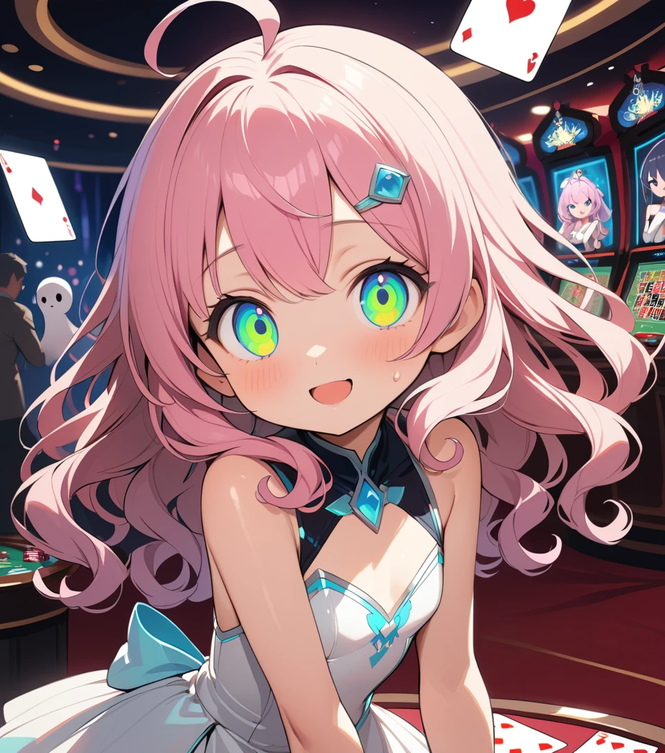 Linda chica de anime jugando póker en un casino