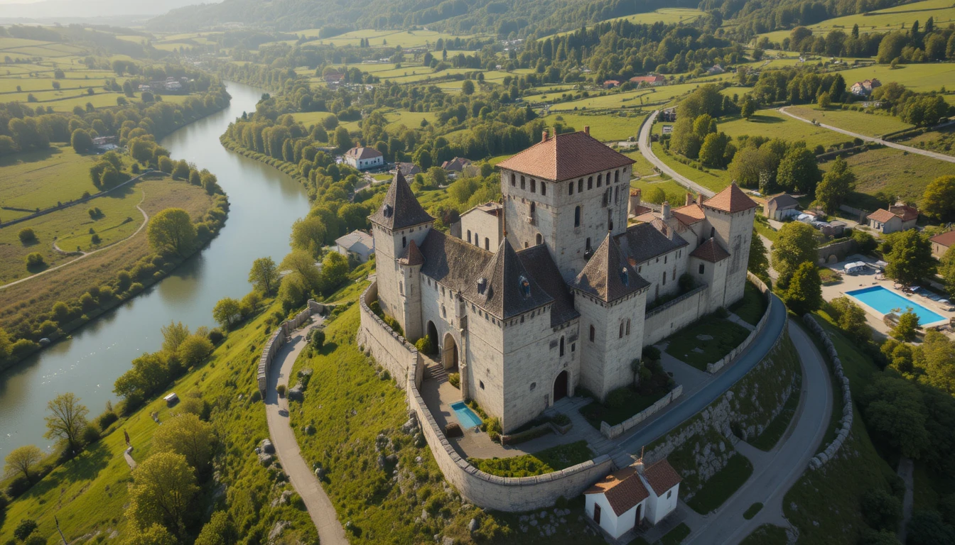 Castelo medieval no topo da colina sobre rio e campo verde