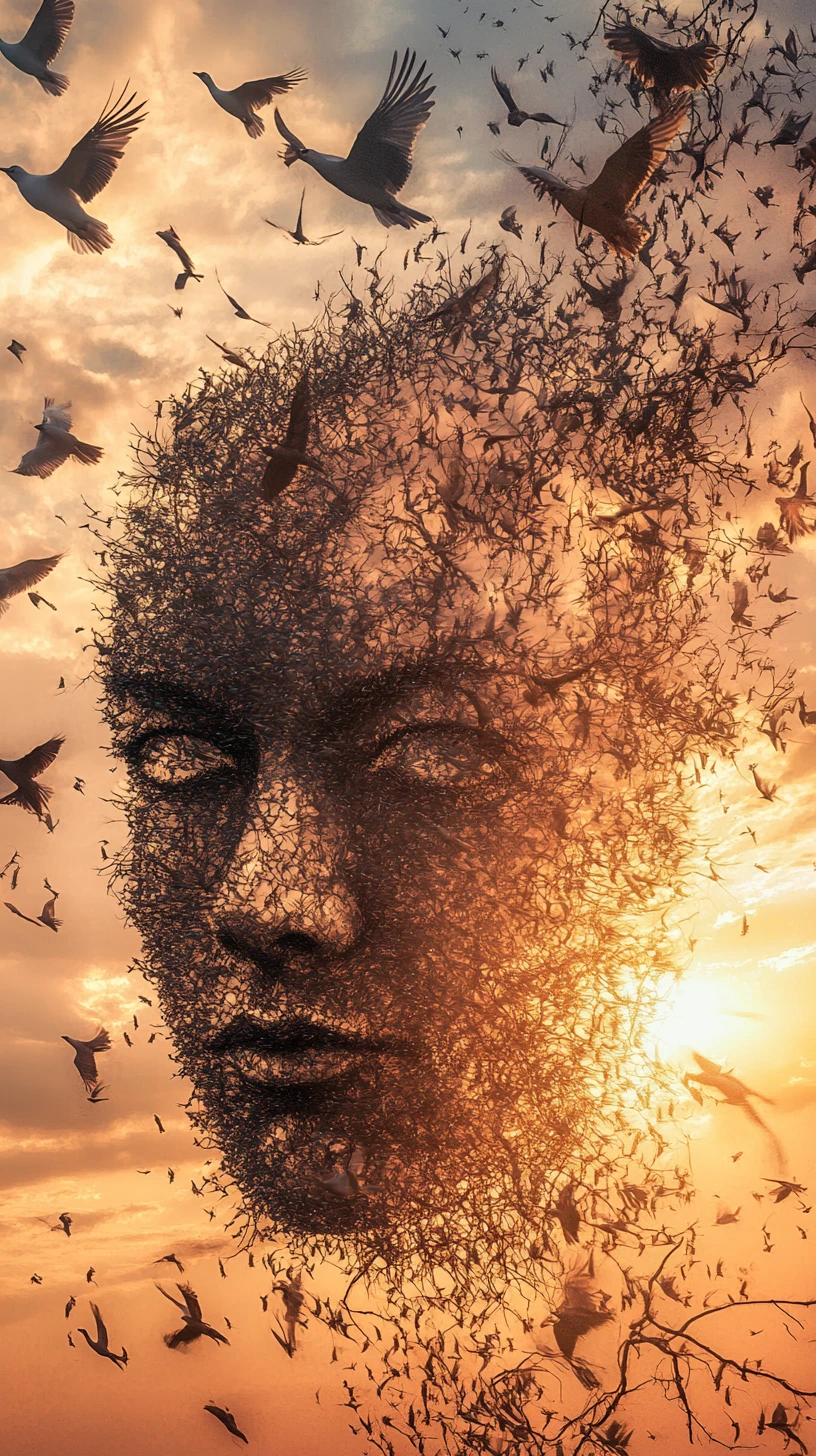 Zugvögel formen ein surreales menschliches Gesicht am Himmel