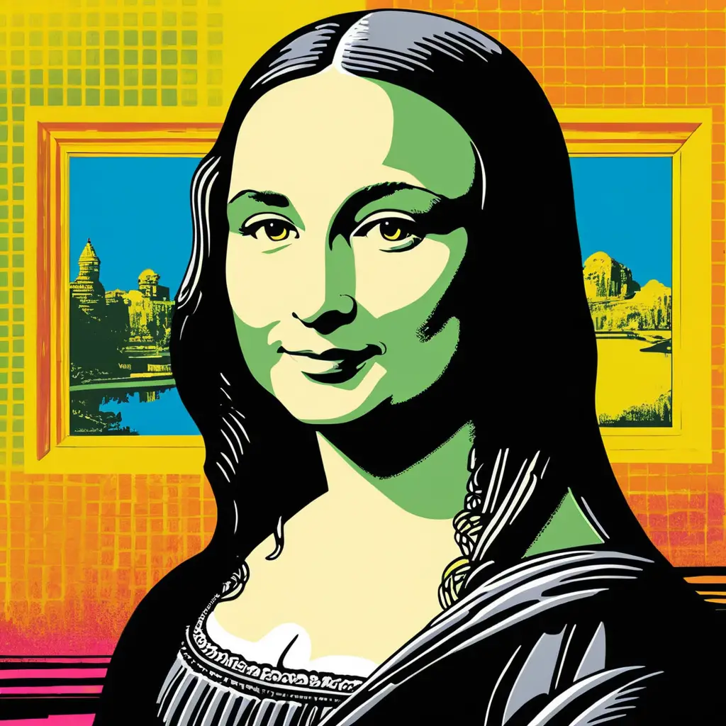 Pop art Mona Lisa portrait in bold neon grid style