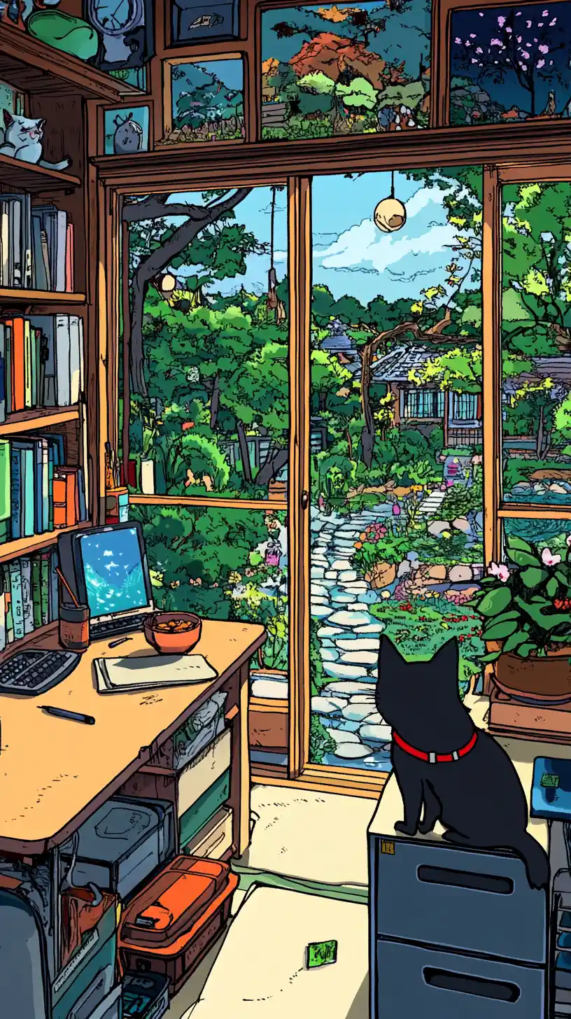 Cozy room with ginger cat and garden view window