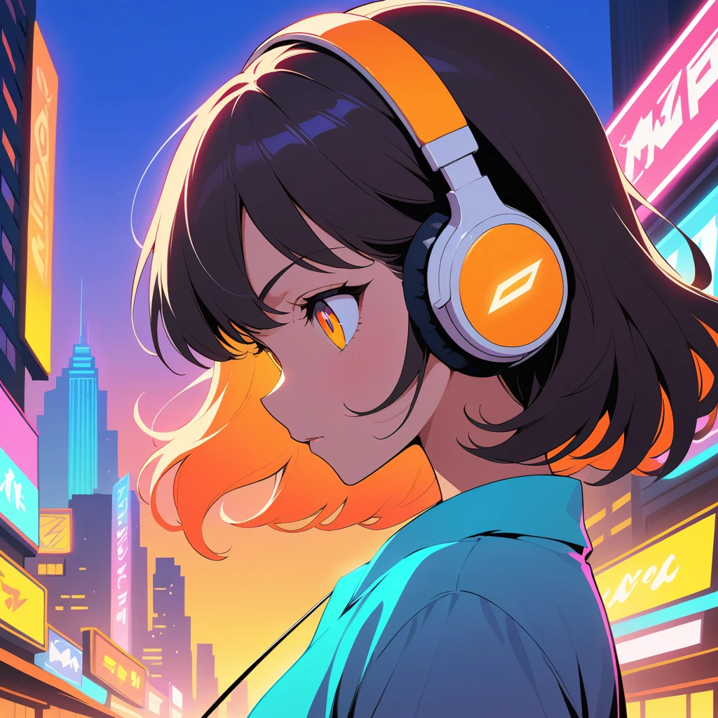 Garota de anime com fones de ouvido em uma cidade neon ao pôr do sol