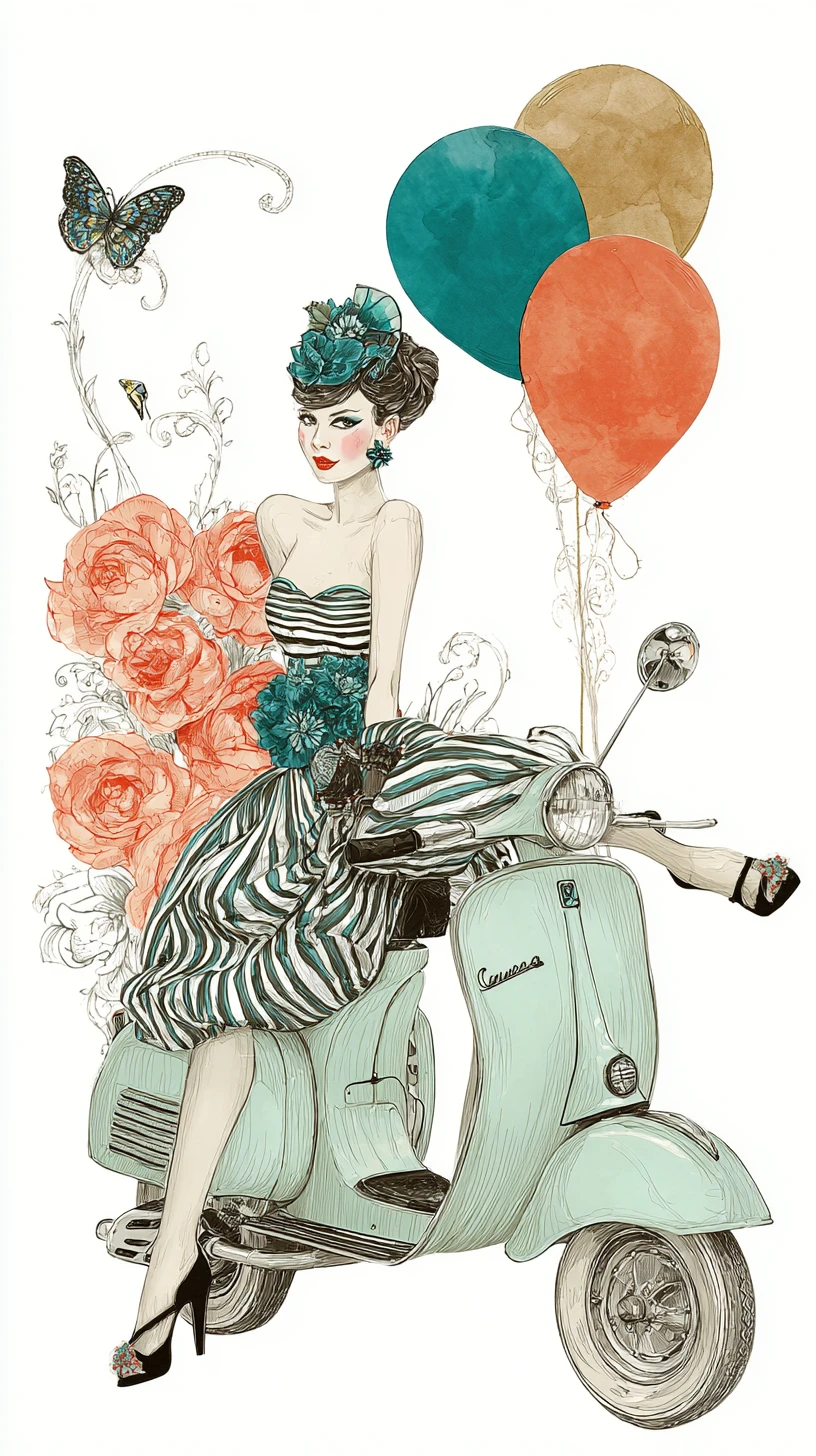 Mulher vintage elegante em uma Vespa com rosas e balões