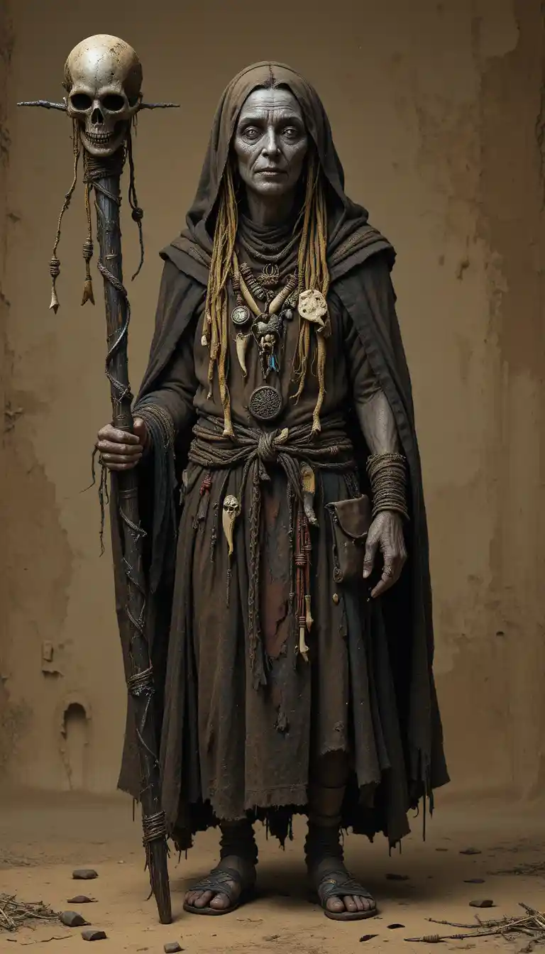 Blind sumerian crone with serpent staff character design