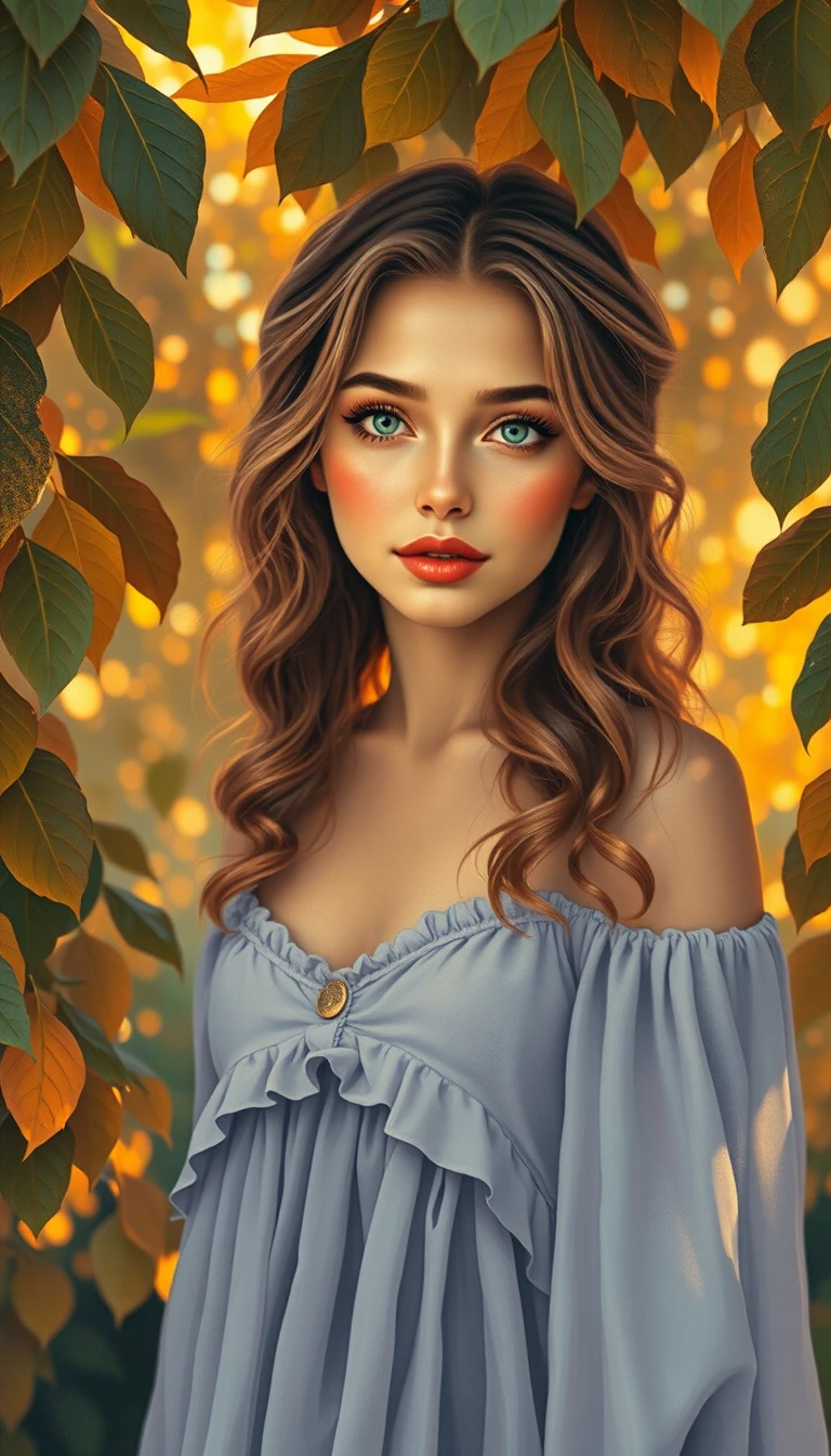 Mulher de vestido lilás em um pomar iluminado