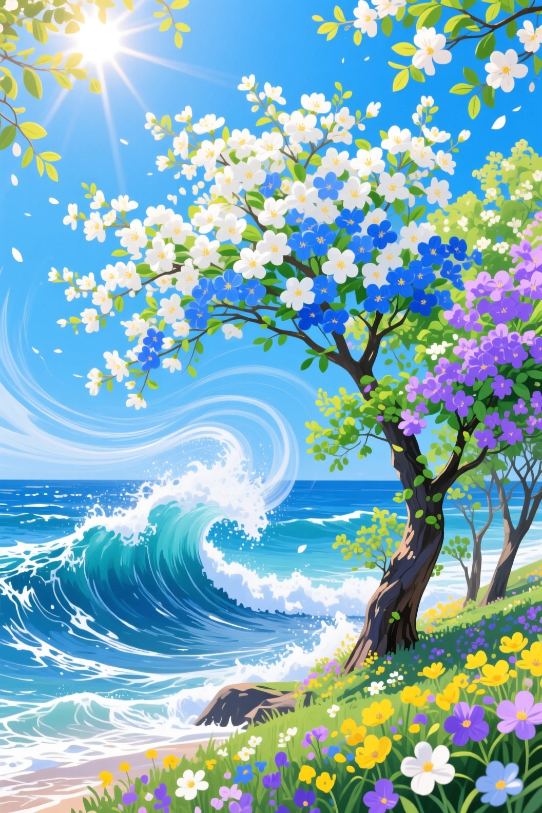Alberi in fiore e onda dell’oceano sotto la luminosa luce primaverile