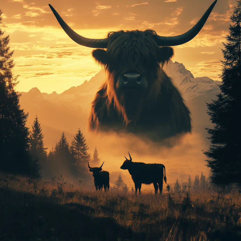 Majestic highland cow at golden sunset with mountain landscape