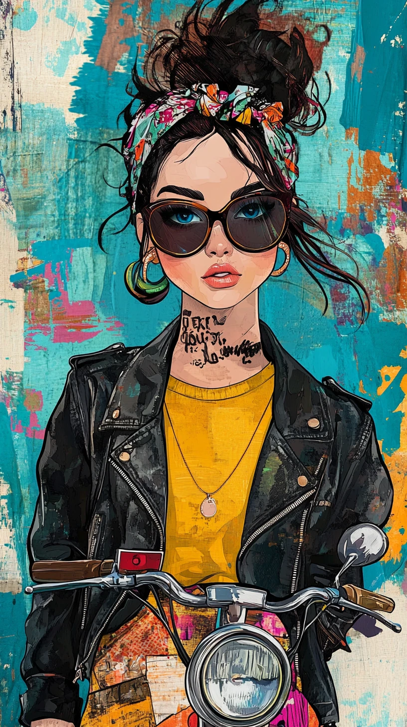 Mujer pop art en scooter vintage con colores abstractos