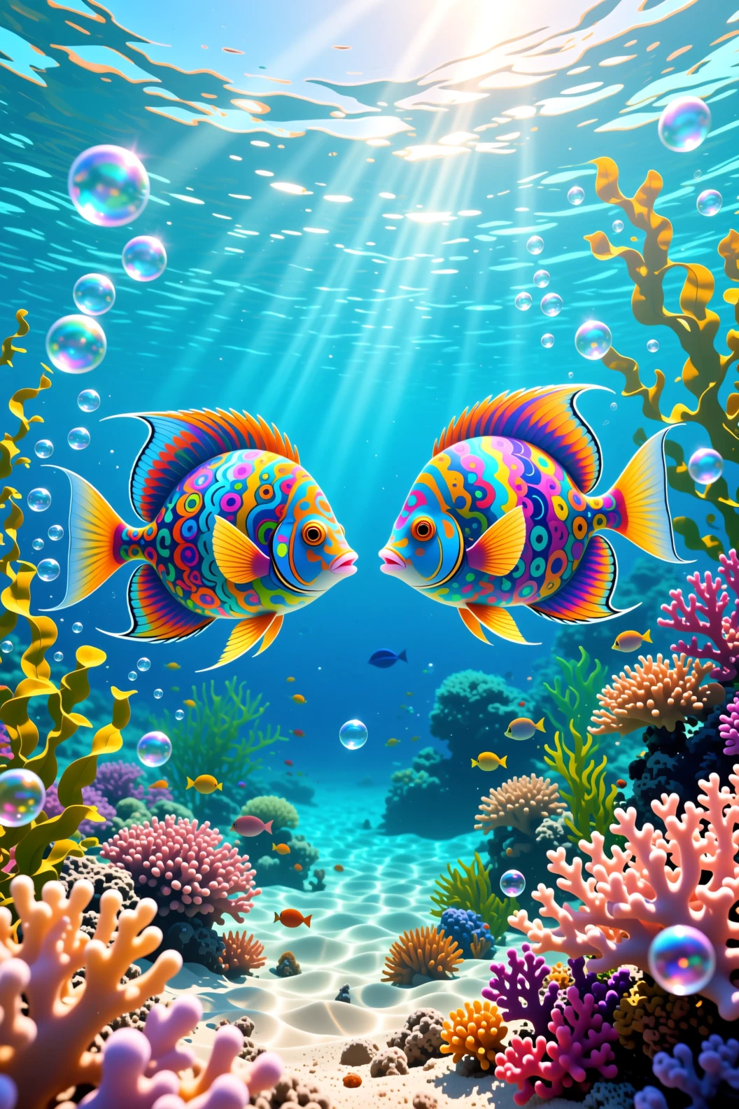 Poissons surréalistes et colorés nageant au‑dessus d’un récif corallien lumineux