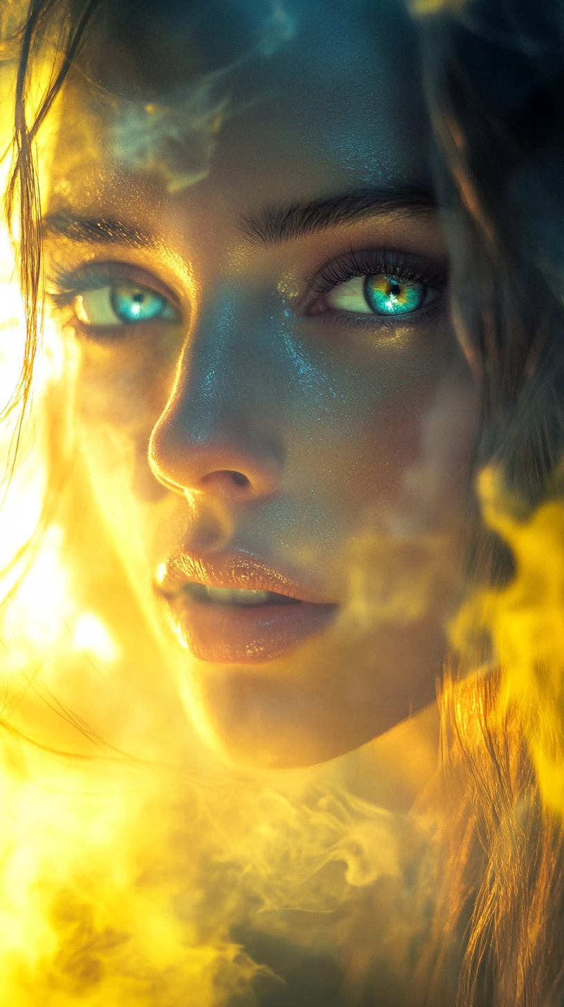 Retrato de beleza surreal em close com chamas vívidas ao redor