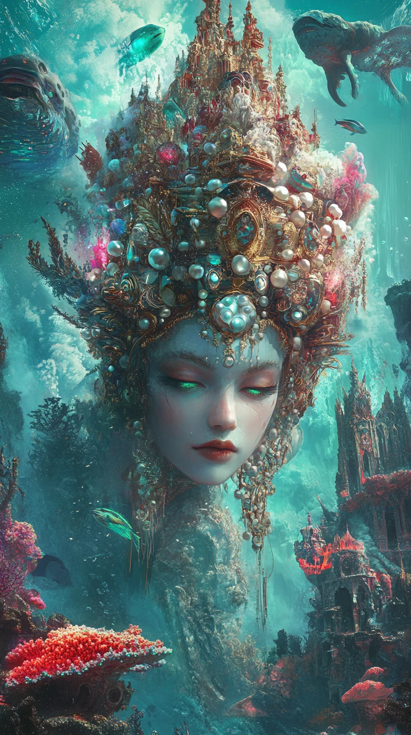 Reine sirène régnant sur une île enchantée de corail et de laiton