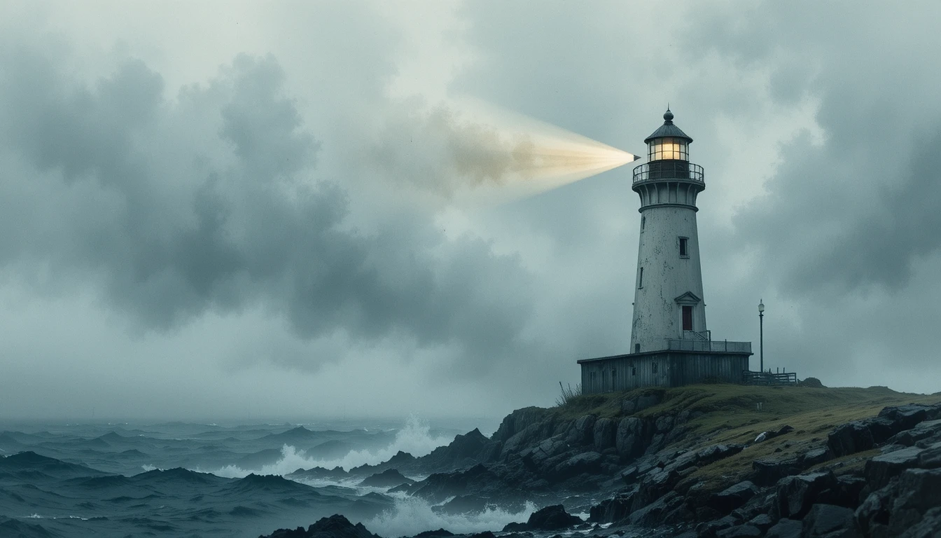 Farol solitário sobre um mar tempestuoso em aquarela