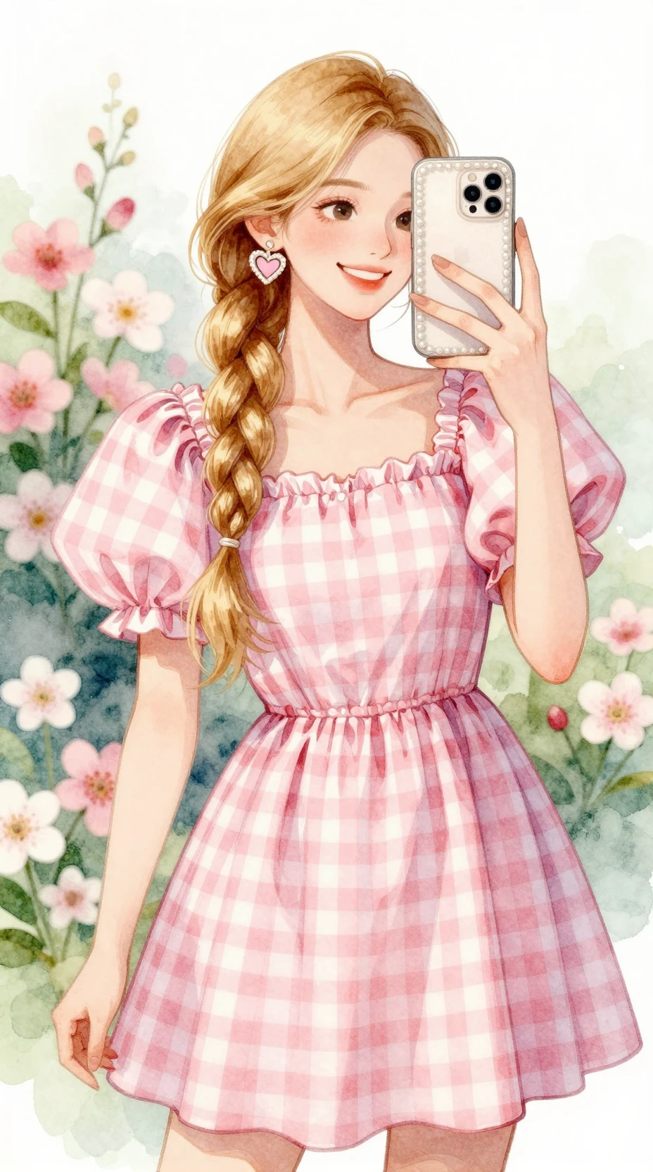 Selfie no espelho de garota em aquarela com vestido xadrez rosa
