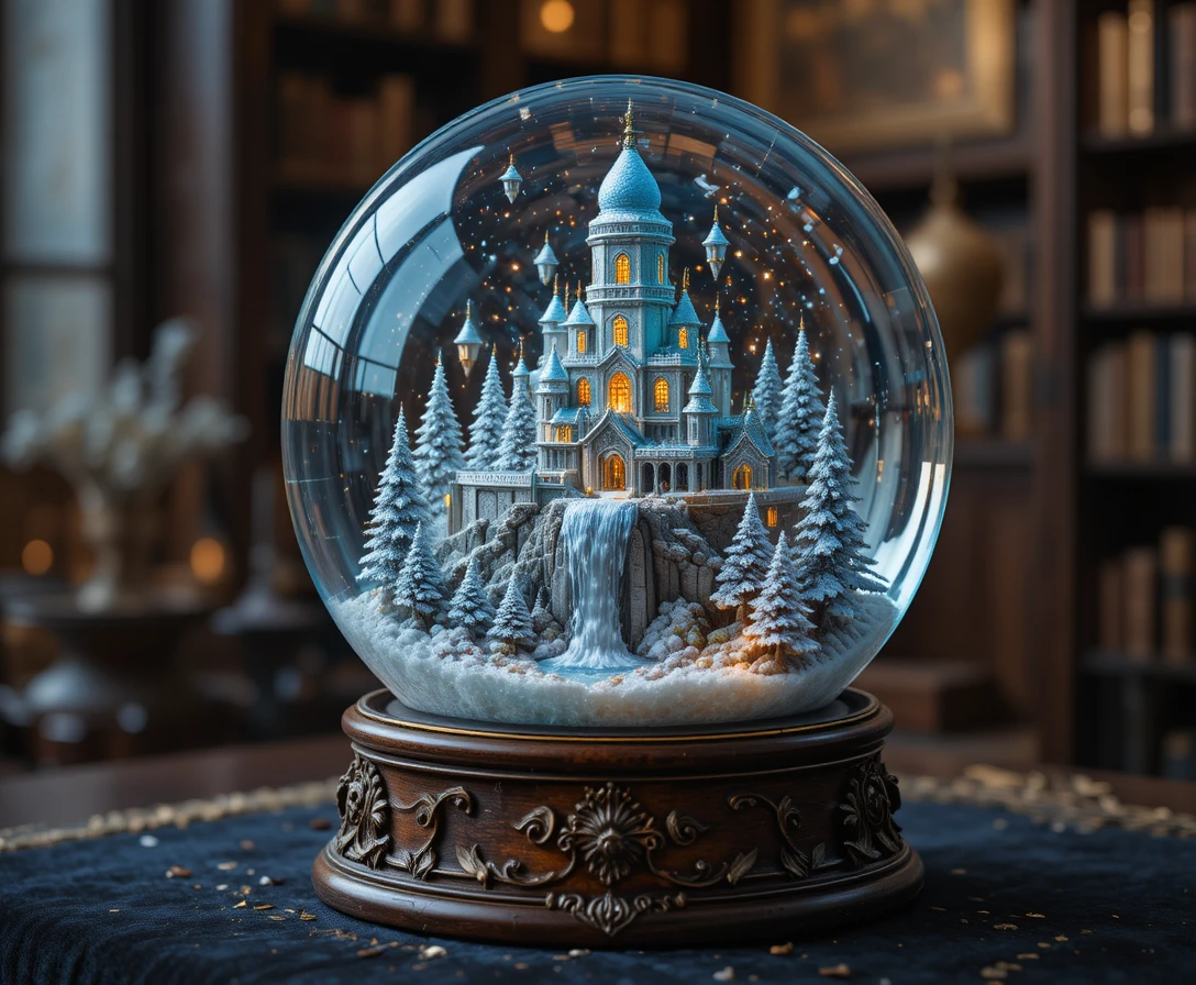 Visão macro de um antigo globo de neve com cidade mágica