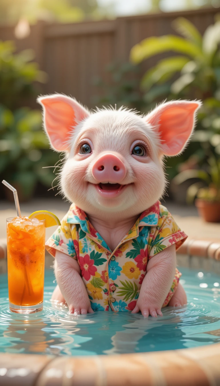 Adorável leitão rosa em uma piscina infantil usando camisa havaiana