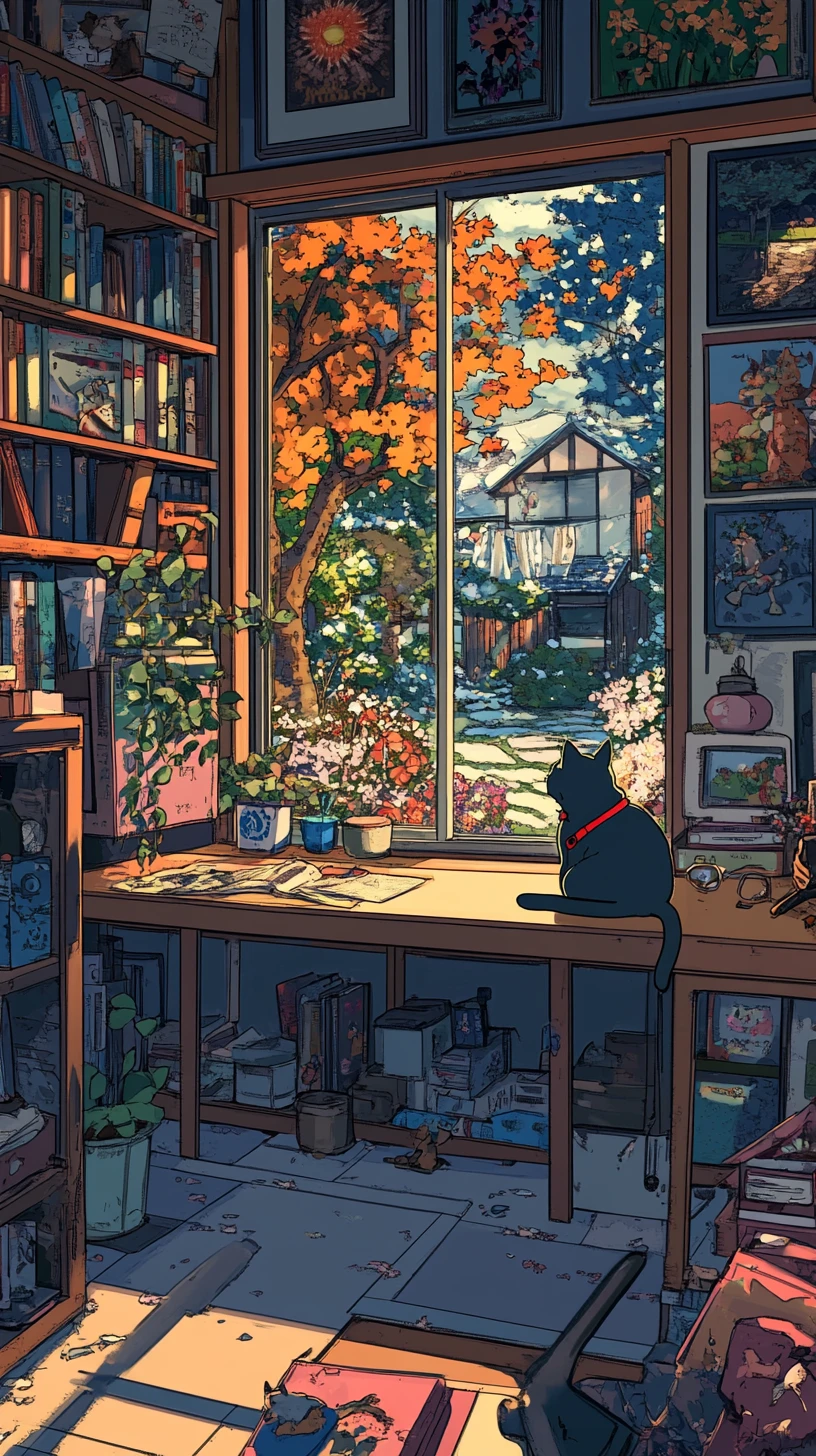 Escritório em casa aconchegante com gato ruivo e vista para o jardim