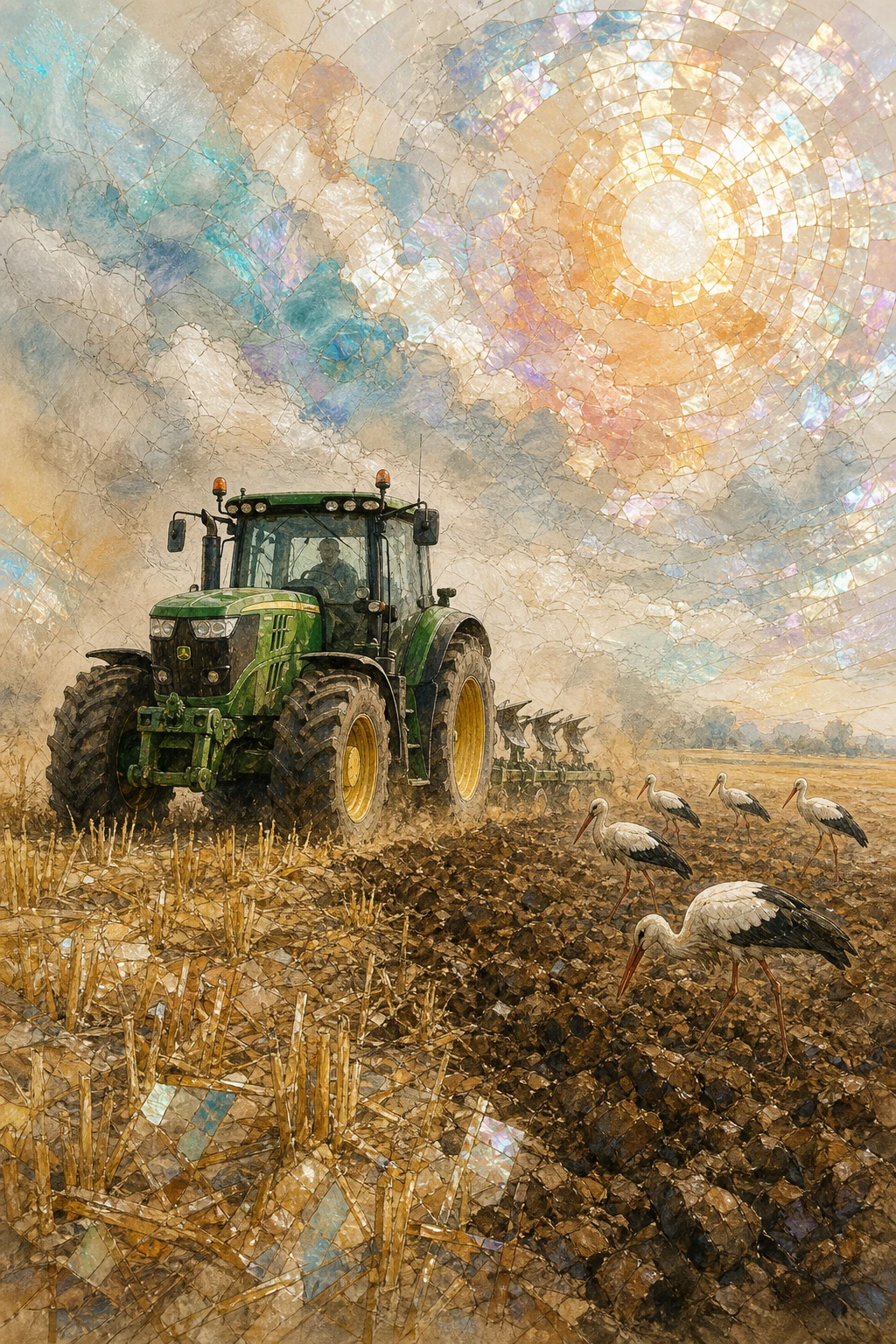 Trator verde arando campo de trigo com cegonhas ao fundo