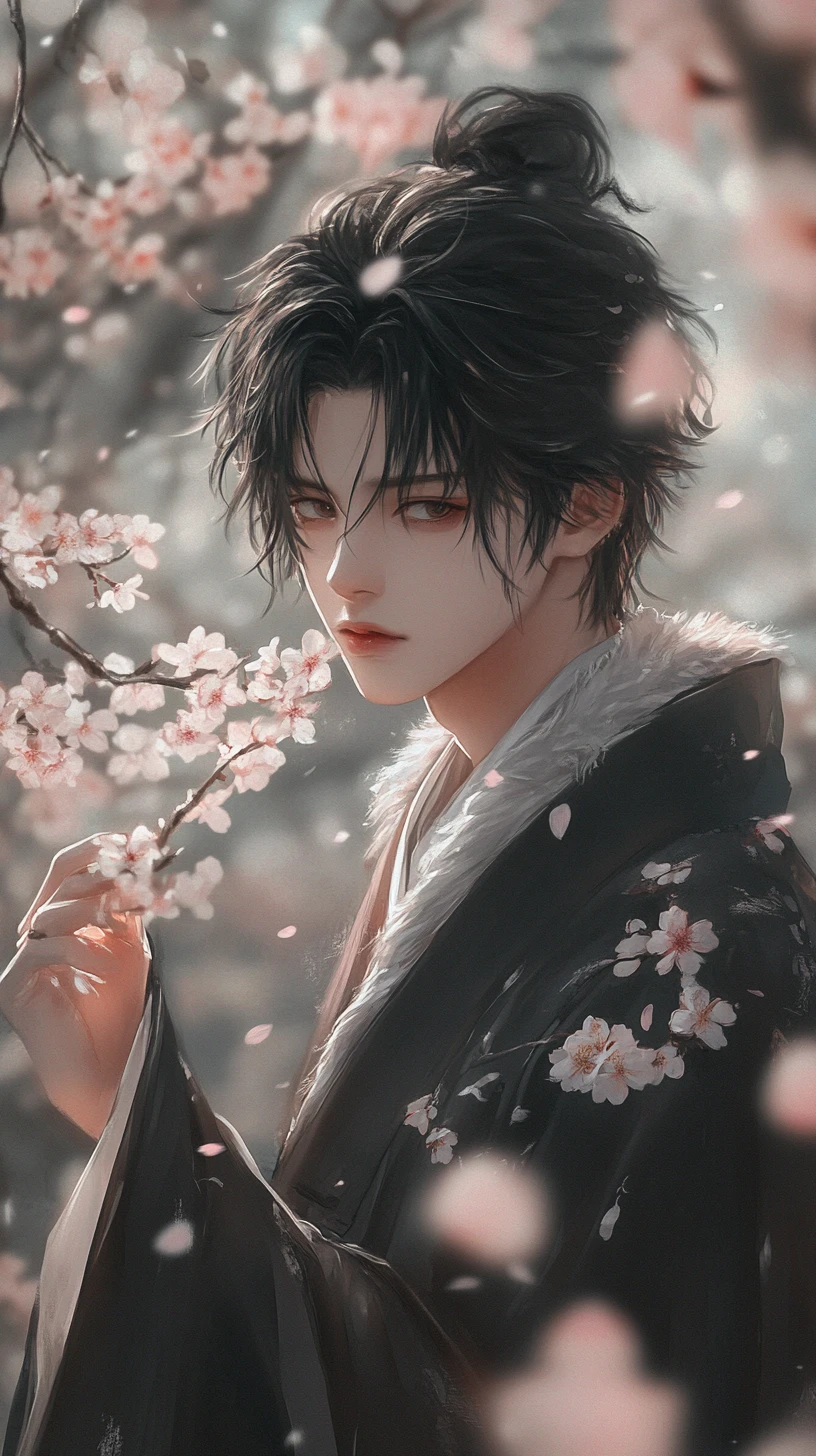 Homem elegante de anime com flores de cerejeira em tons de cinza suaves
