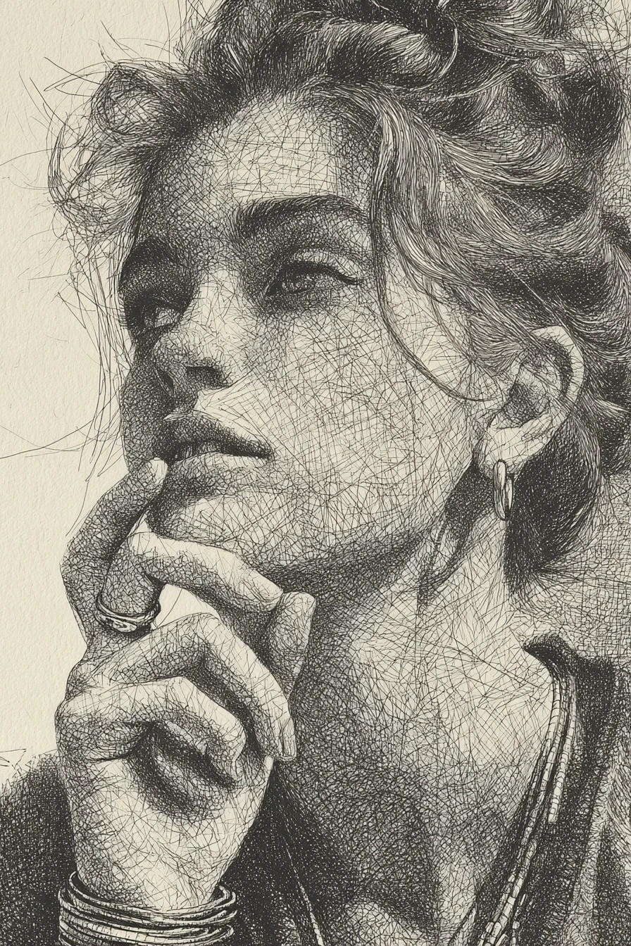Retrato de mulher pensativa em detalhado desenho a tinta