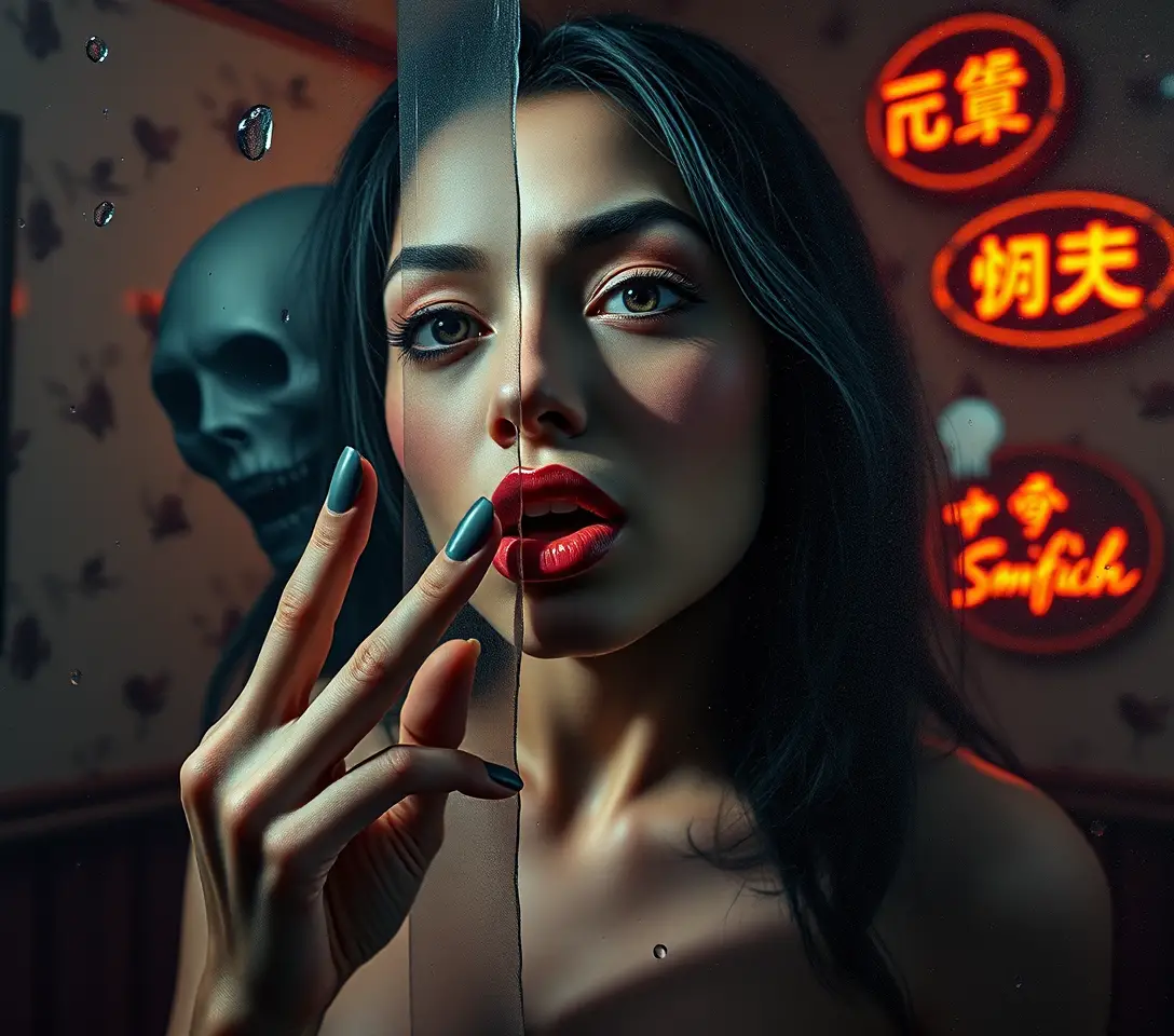 霧氣玻璃後的感性女子與幽靈般剪影