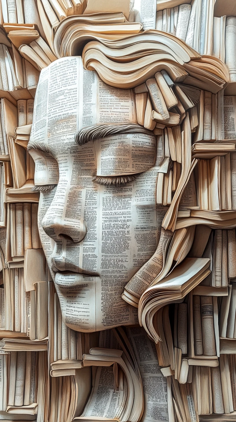 Rosto humano surreal esculpido inteiramente a partir de livros empilhados