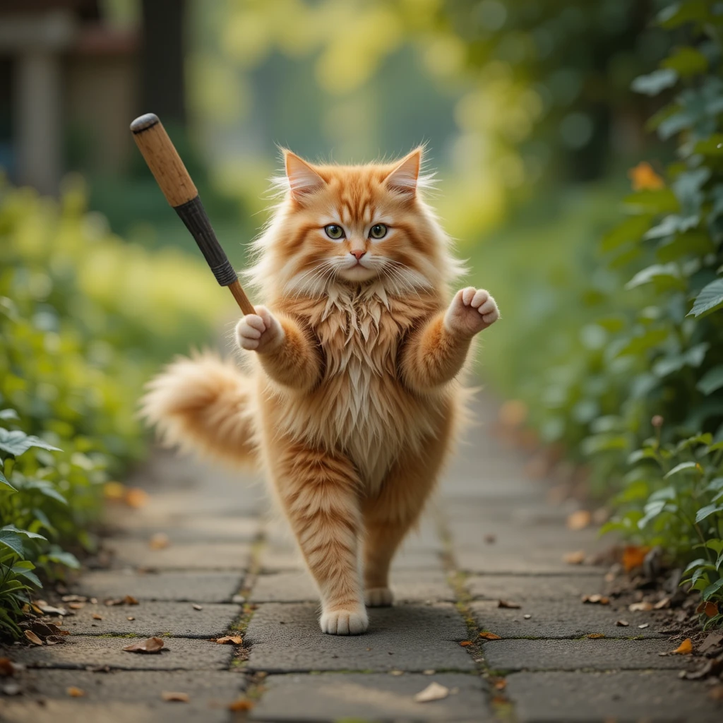 Gato laranja fofinho desfilando por uma trilha ao ar livre