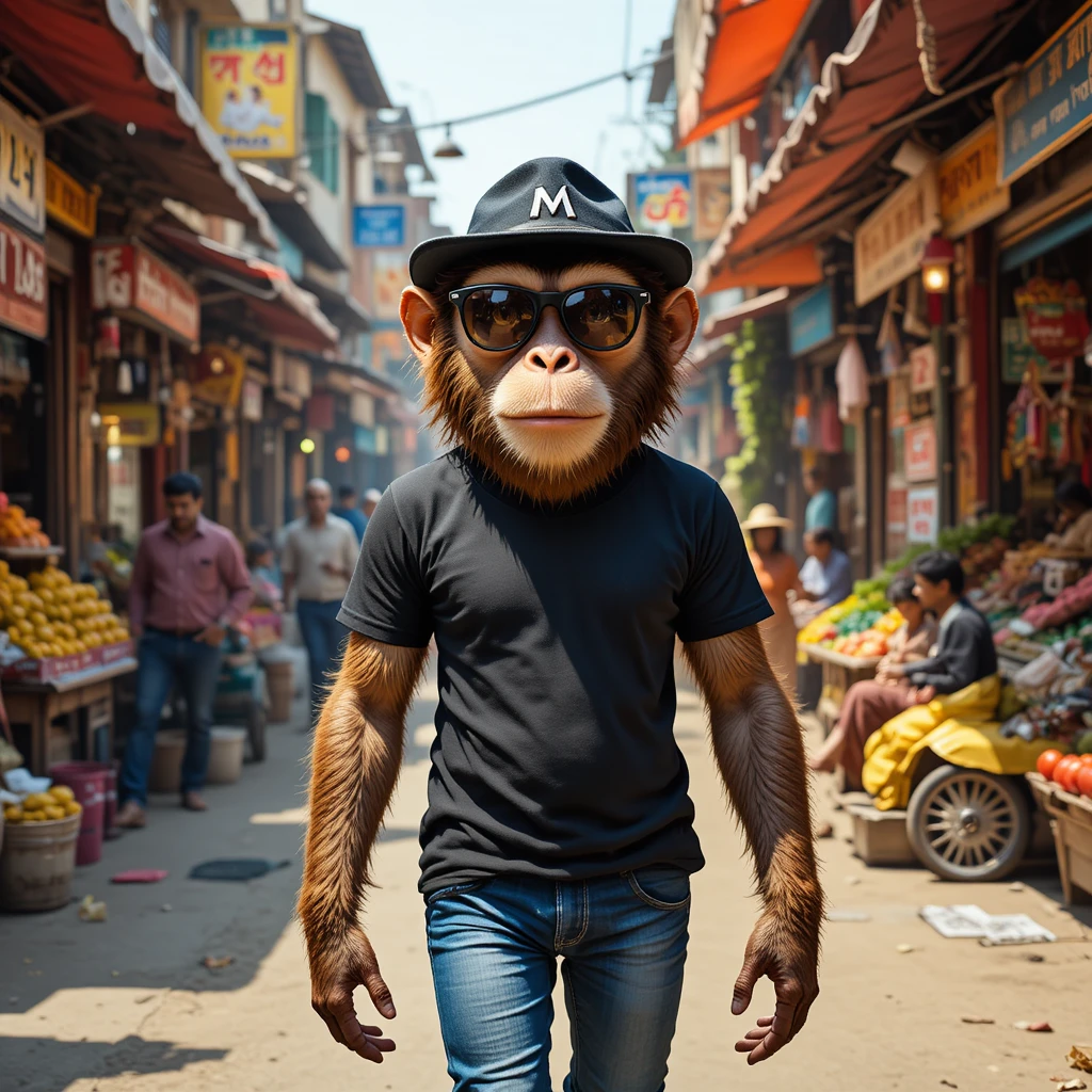 Mono antropomórfico caminando por un concurrido mercado callejero de la India