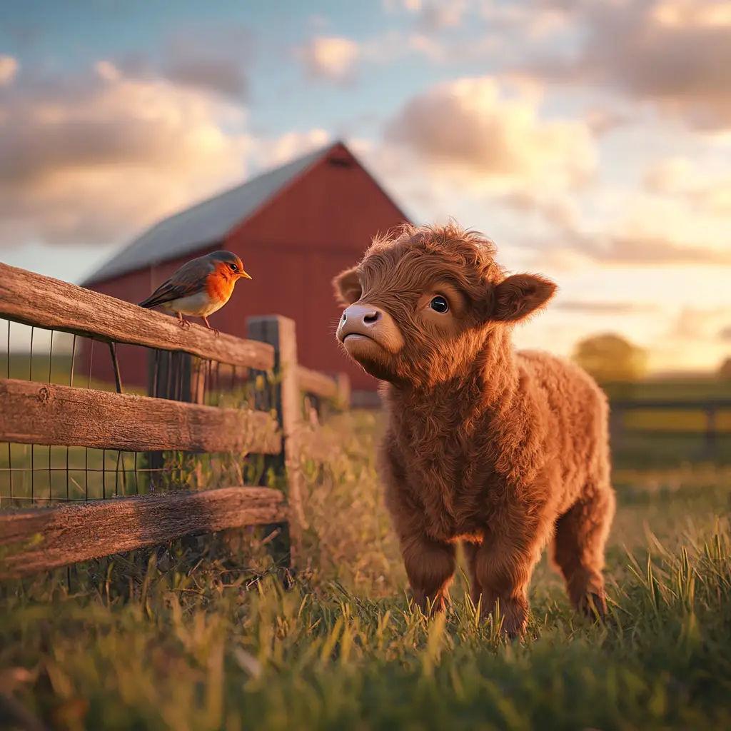 Fluffy baby calf meets robin by a rustic farm fence