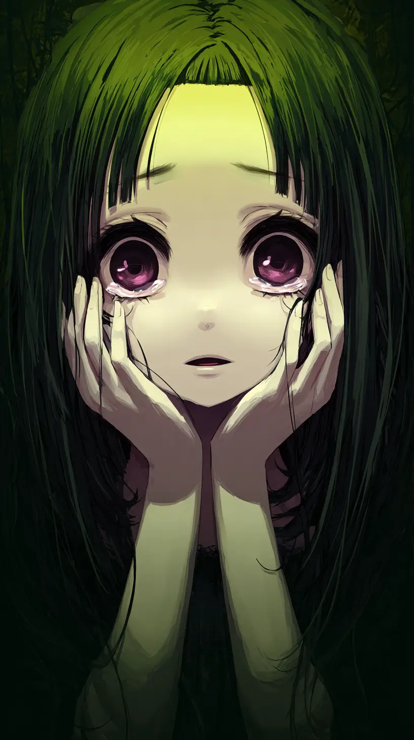 Crying anime girl portrait with oversized fearful glowing eyes
