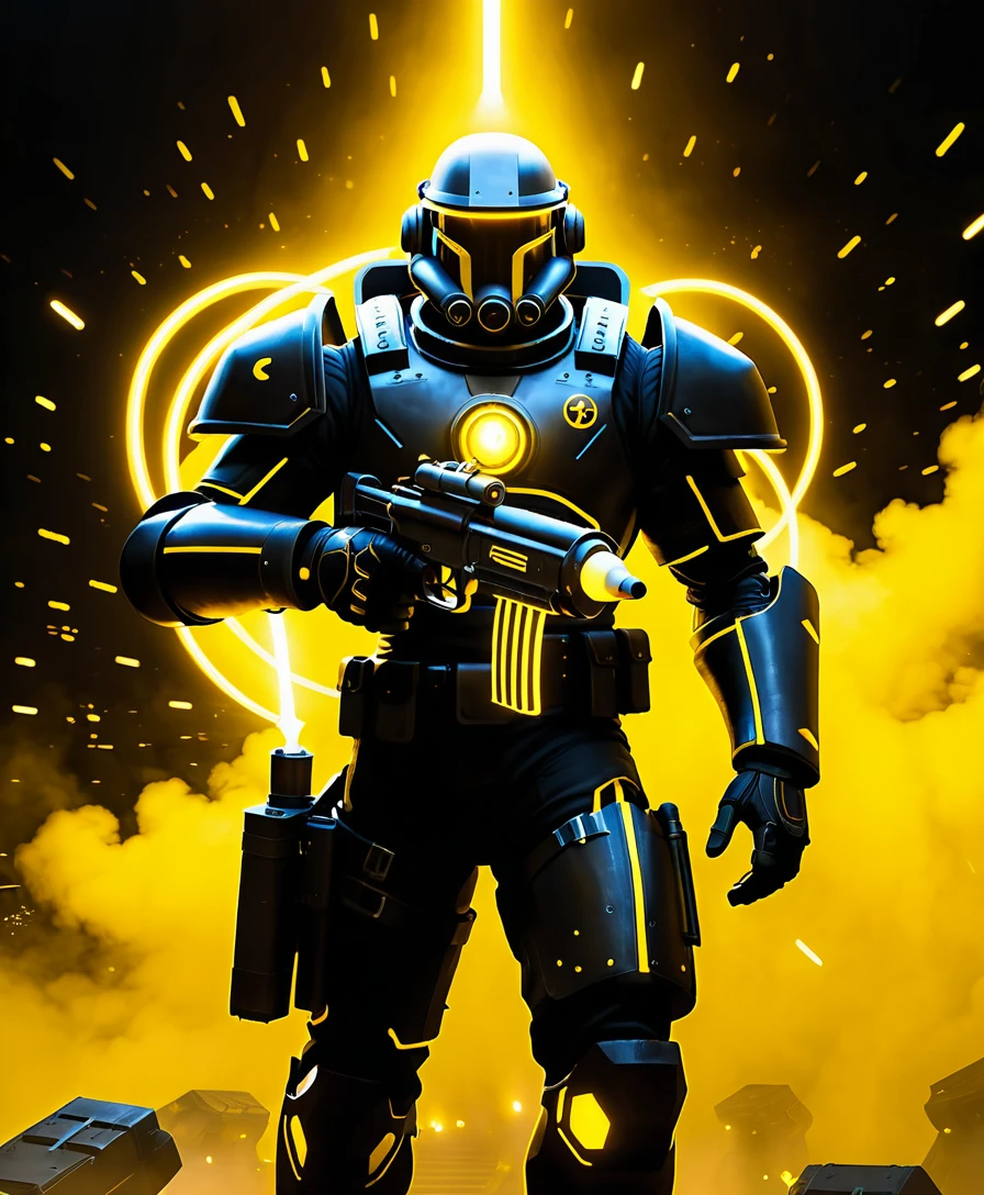 Soldado de ficção científica blindado com lança-foguetes em vazio amarelo