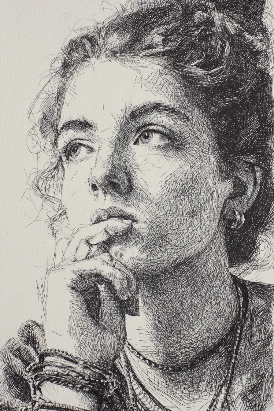 Retrato de mulher pensativa em detalhada hachura a tinta