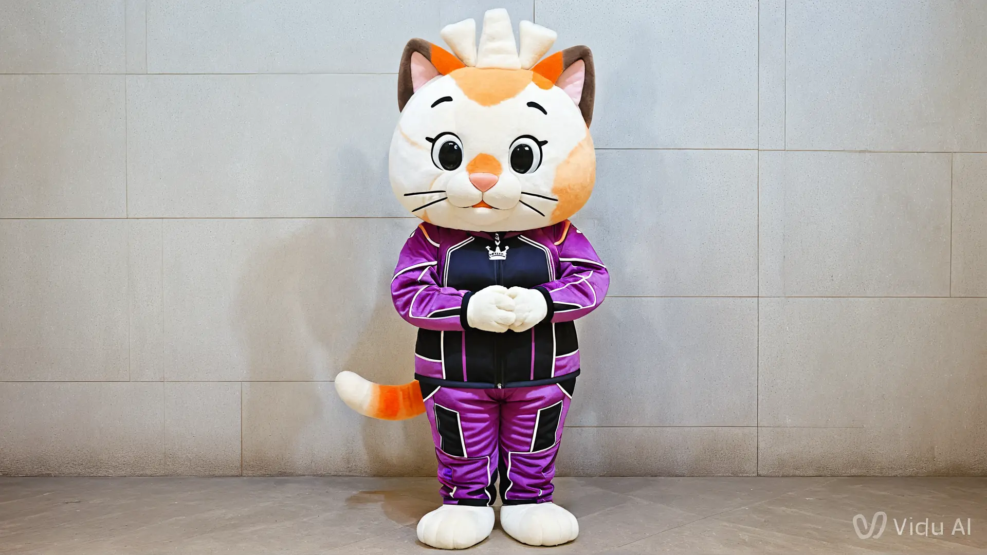 Girl in giant cat mascot suit inside her cozy apartment