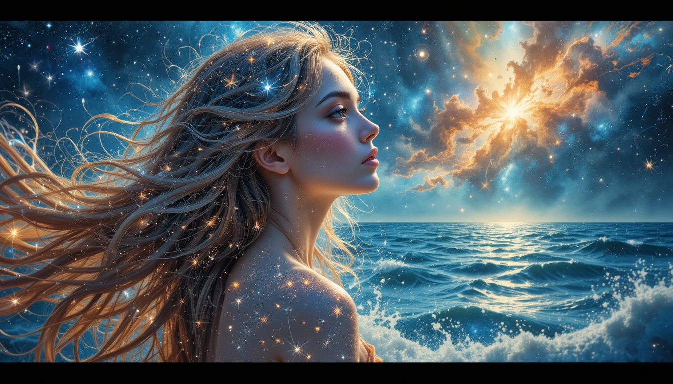 Mulher etérea com cabelo de luz estelar sobre um oceano cósmico