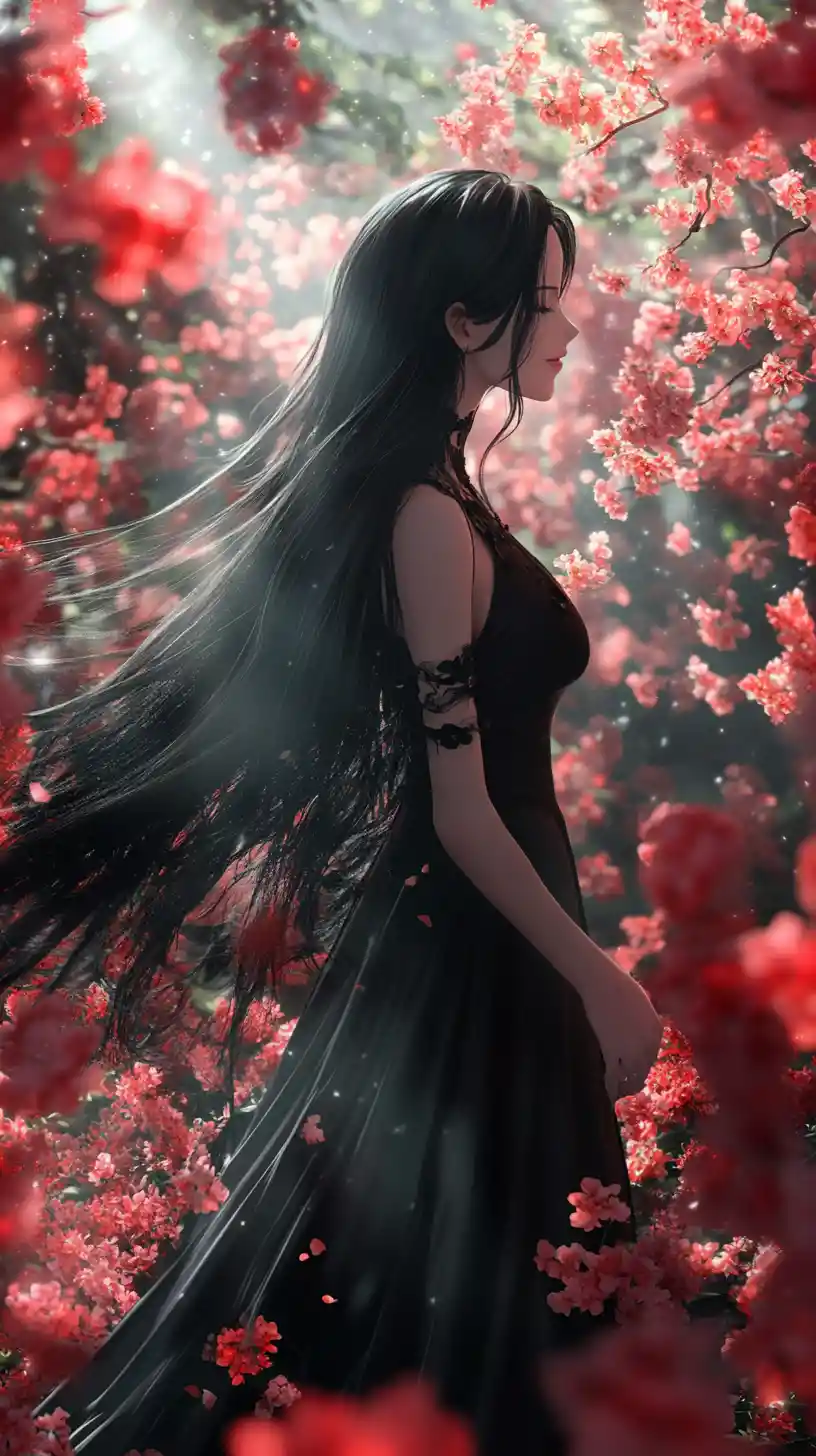 Elegante donna anime in abito nero tra fiori luminosi