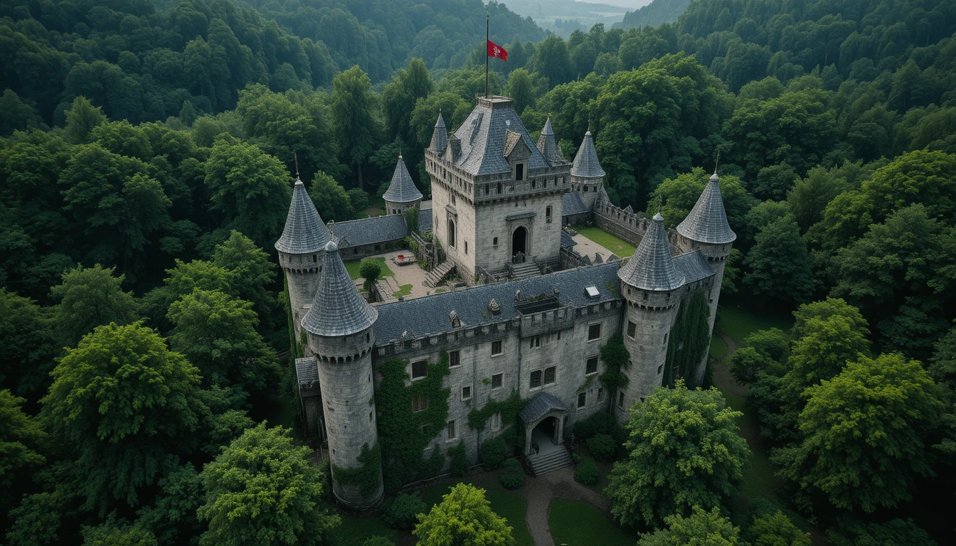 Castelo medieval de pedra escondido no coração de uma floresta exuberante