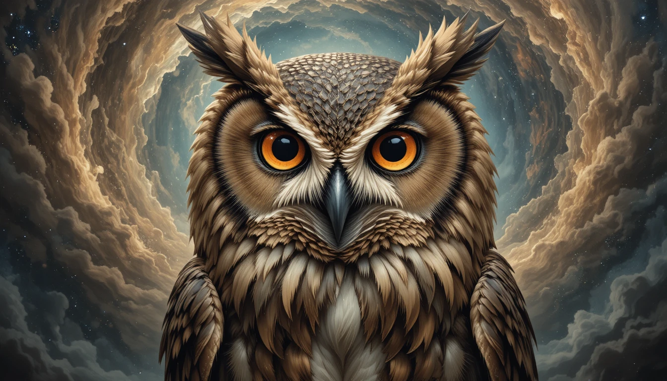 Retrato de Coruja Cósmica Ancestral em Estilo de Pintura a Óleo Etérea