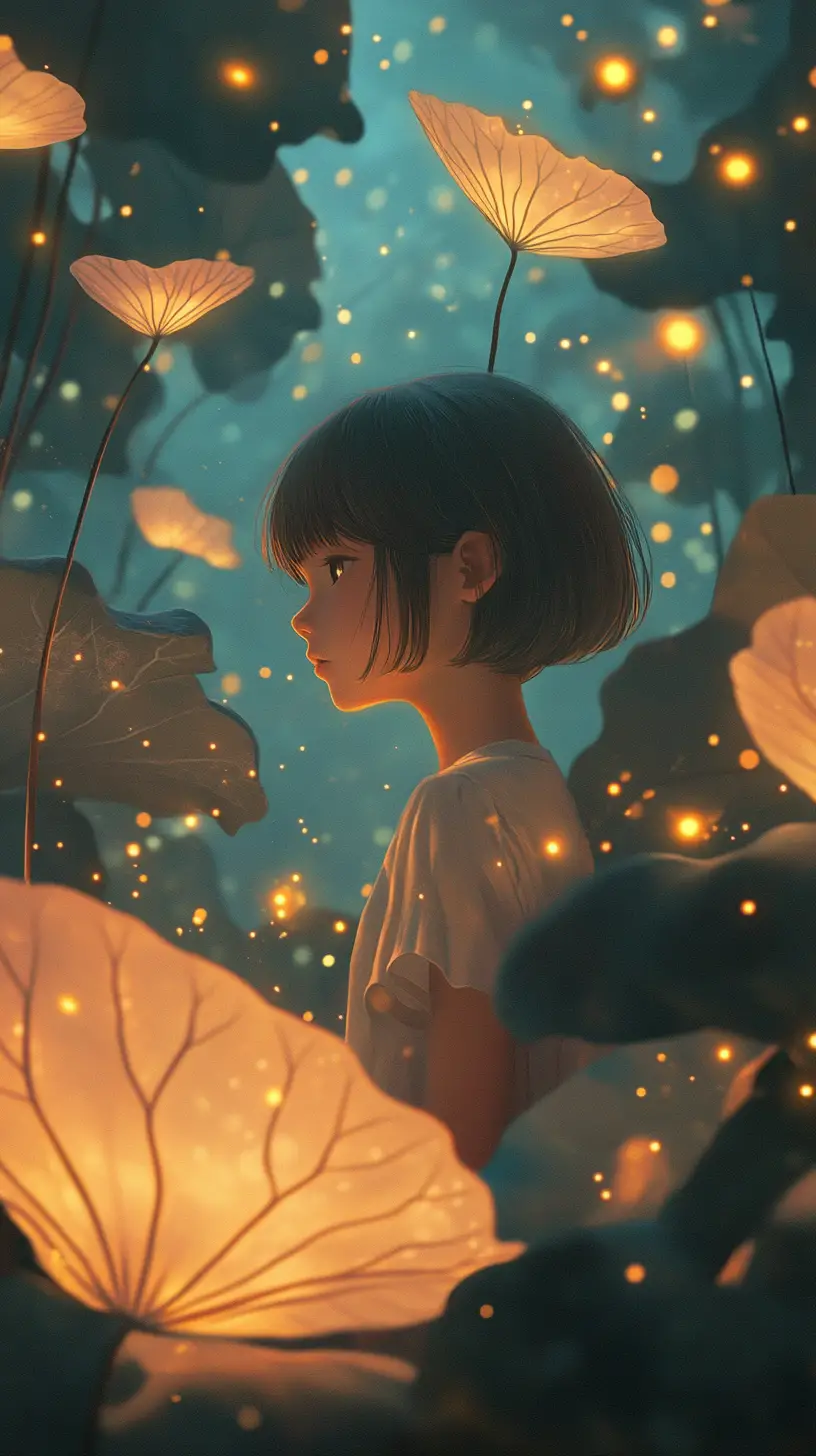 Giovane ragazza anime in un magico giardino di lucciole