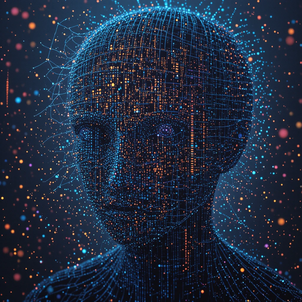 Cabeça holográfica brilhante surgindo de código digital em queda
