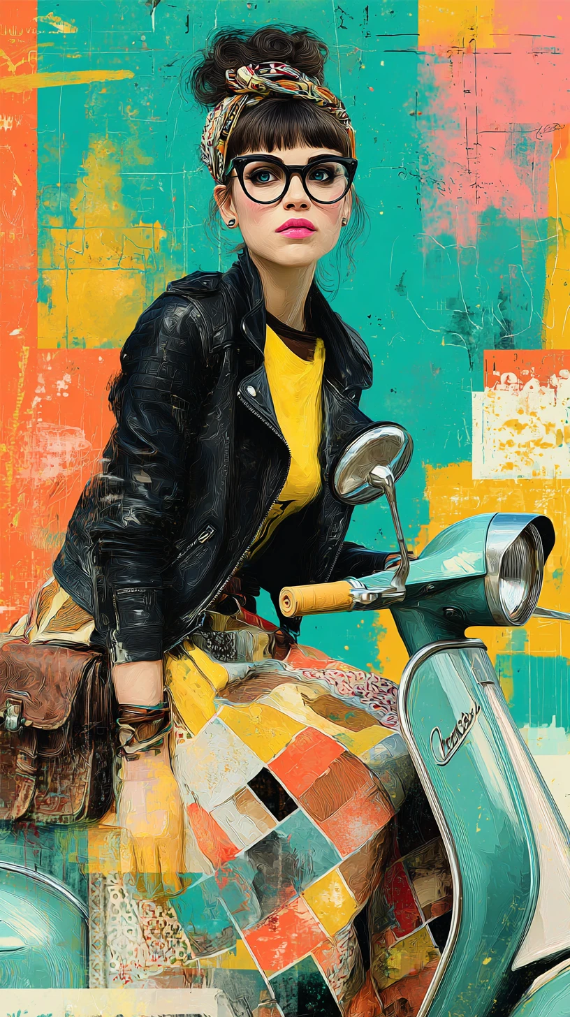Stylized woman on vintage scooter in vibrant pop art scene