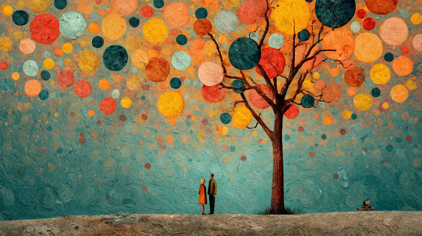 Figura surreale malinconica su una tela colorata e materica