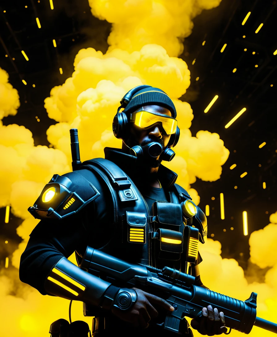 Granadeiro sci‑fi em armadura neon em meio a tempestades cósmicas amarelas