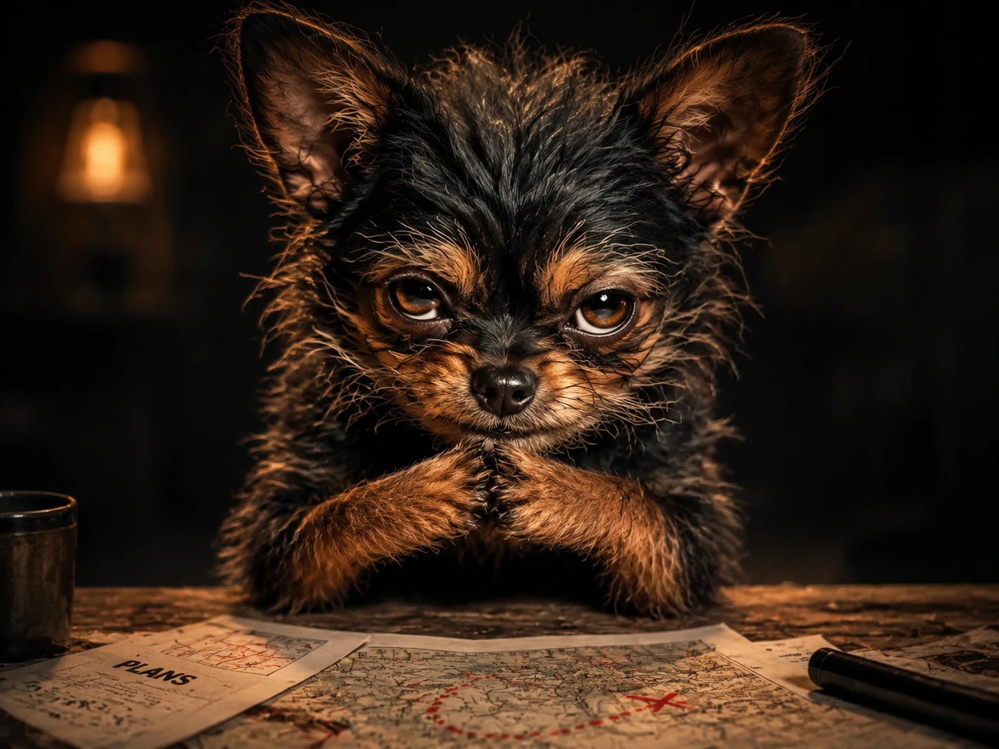 Cachorro travesso com olhar maquiavélico em estilo 3D cinematográfico