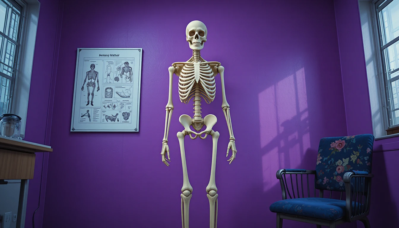 Modello di scheletro umano davanti a parete medica viola