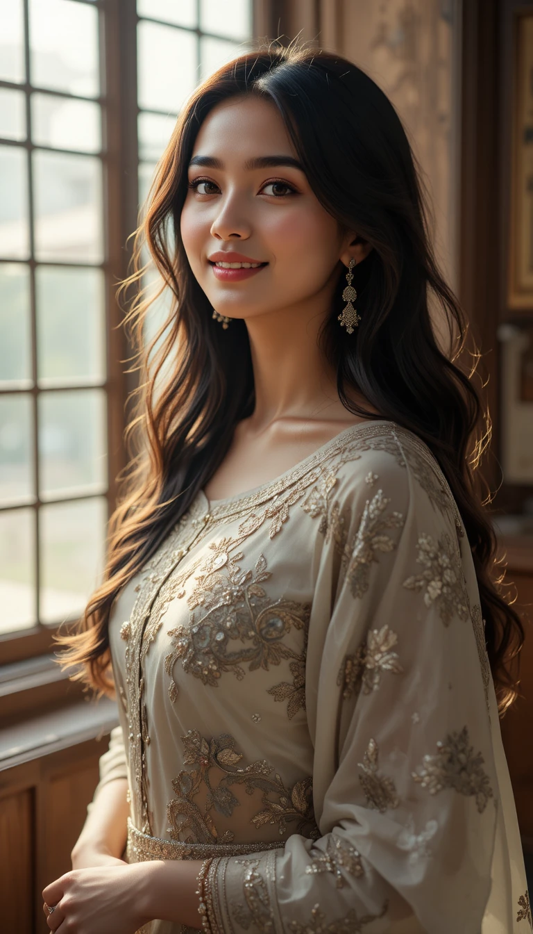 Gelassene indische Frau in sonnenlichtdurchflutetem Innenraum