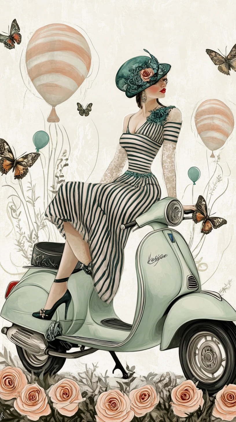 Mulher de moda vintage em scooter em ilustração de colagem floral