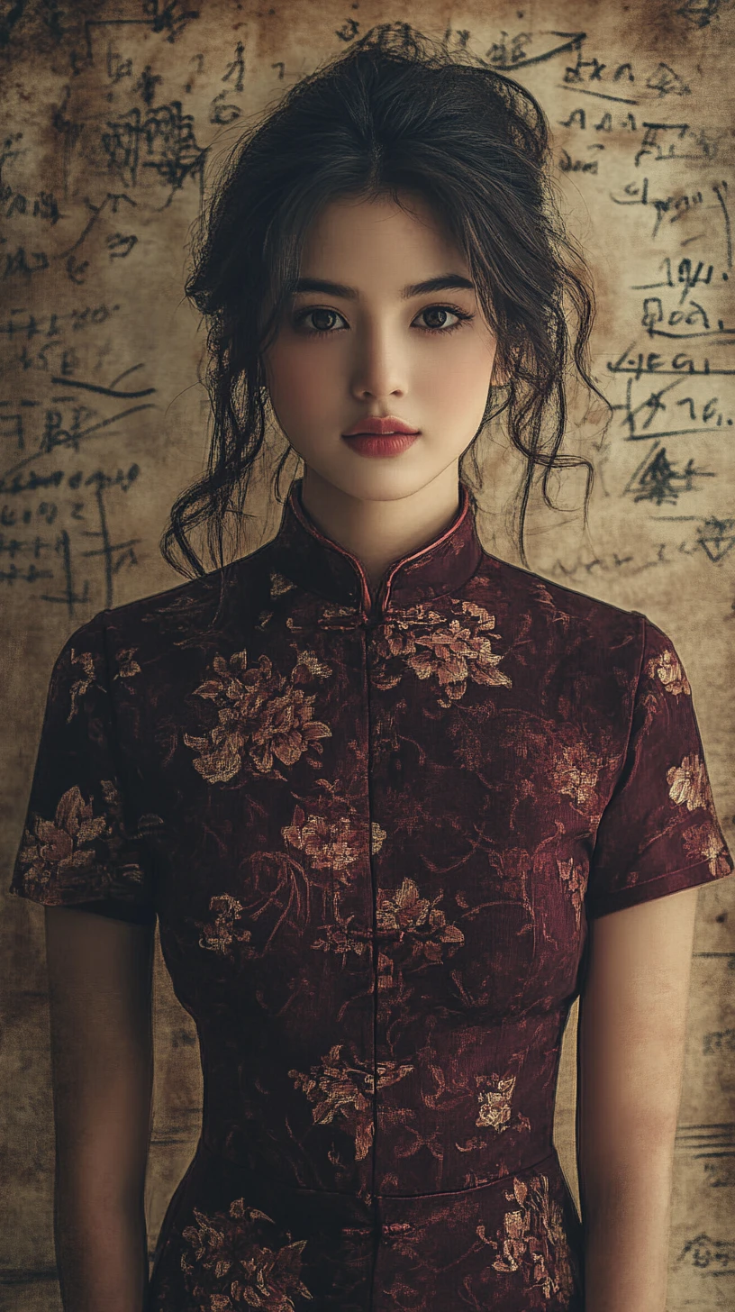 Melancholic woman in burgundy qipao before ink calligraphy wall